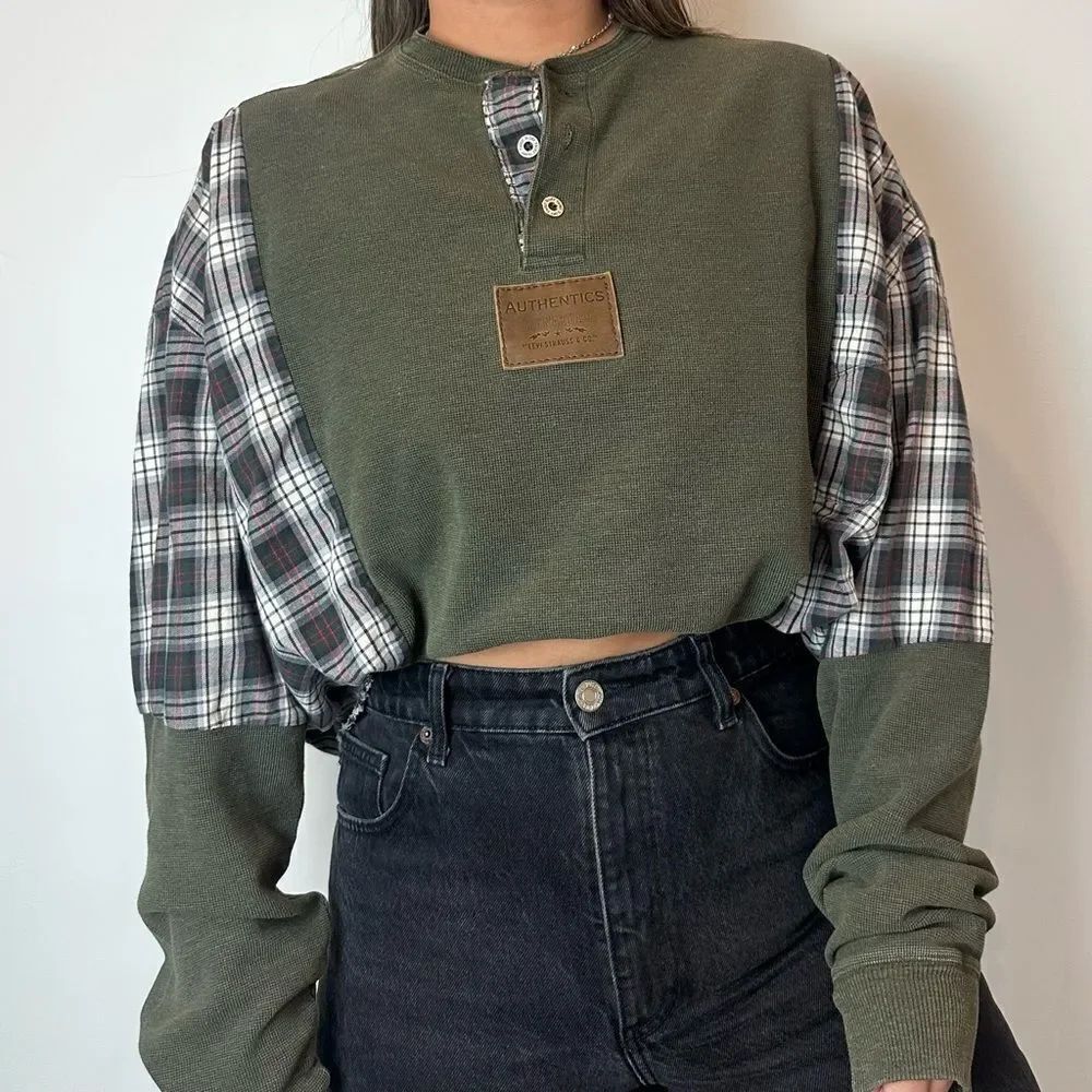 Reworked Wrangler Henley Sweater Long Sleeve Plaid Flannel Green Patchwork Shirt